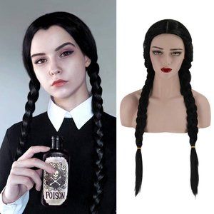 NEW - MERSI Wednesday Addams Long Black Wig 27"